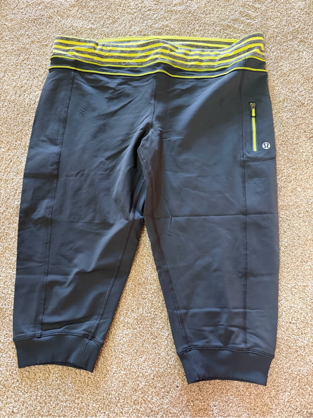 lululemon athletica Grey Capri Leggings with Yellow-Striped Waistband